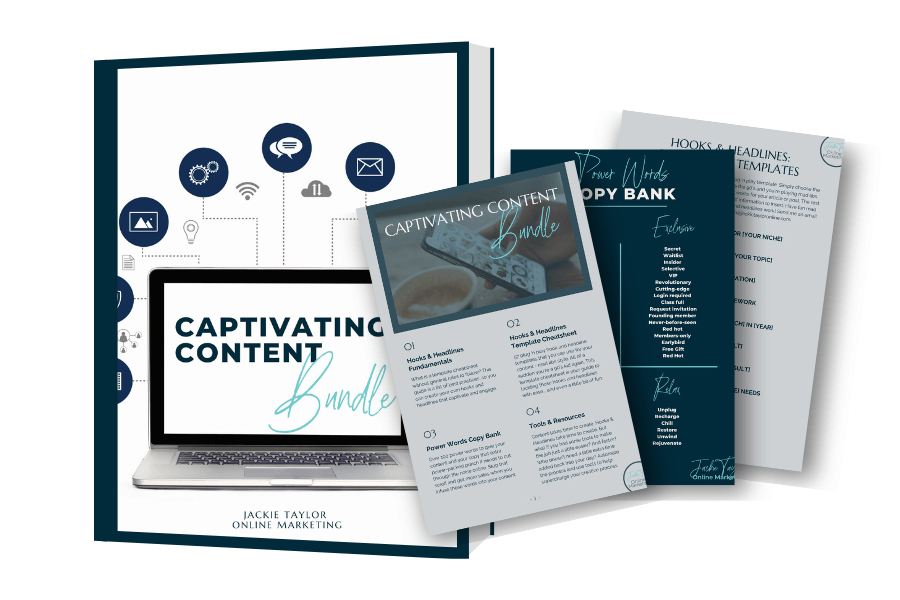 Captivating Content Bundle eBook mockup with individual pages showing parts of the eBook that you'll receive with purchase. 