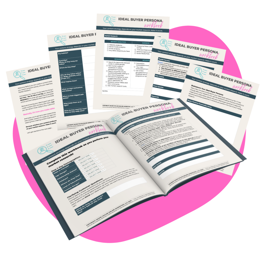 Mockup showing some of the pages included in the Ideal Buyer Workbook that is part of the Audience Accelerator: Market Research Guide.  