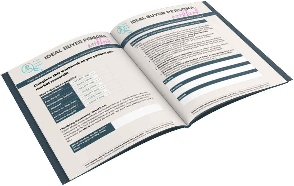 Ideal Buyer Persona Workbook mockup from the Audience Accelerator guide to market research. 