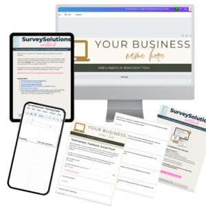 SurveySolutions full product mockup on desktop, tablet, phone, and printables. 