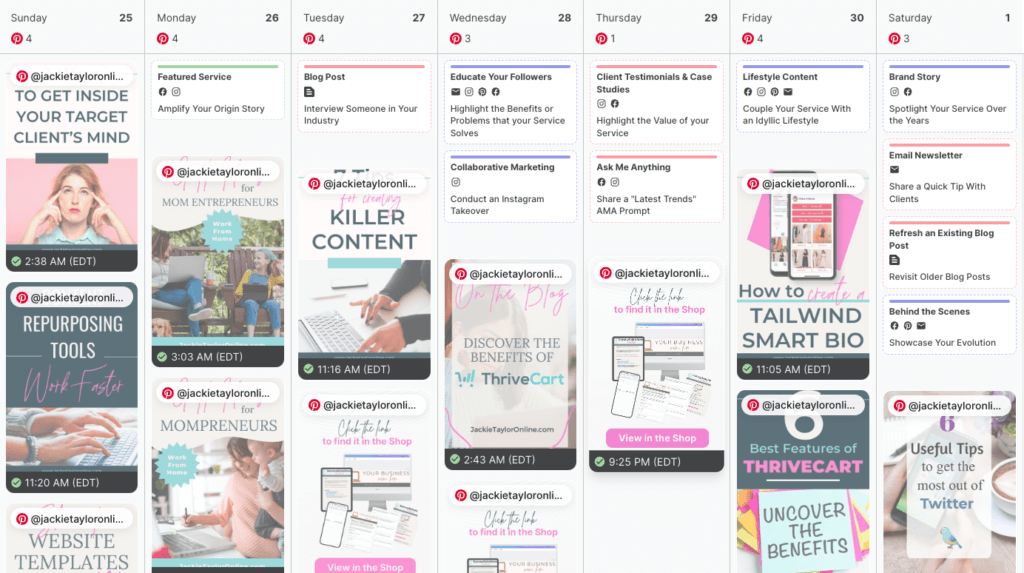 A screenshot of Jackie Taylor Online Marketing's Tailwind App Calendar using the SmartSchedule tool. 