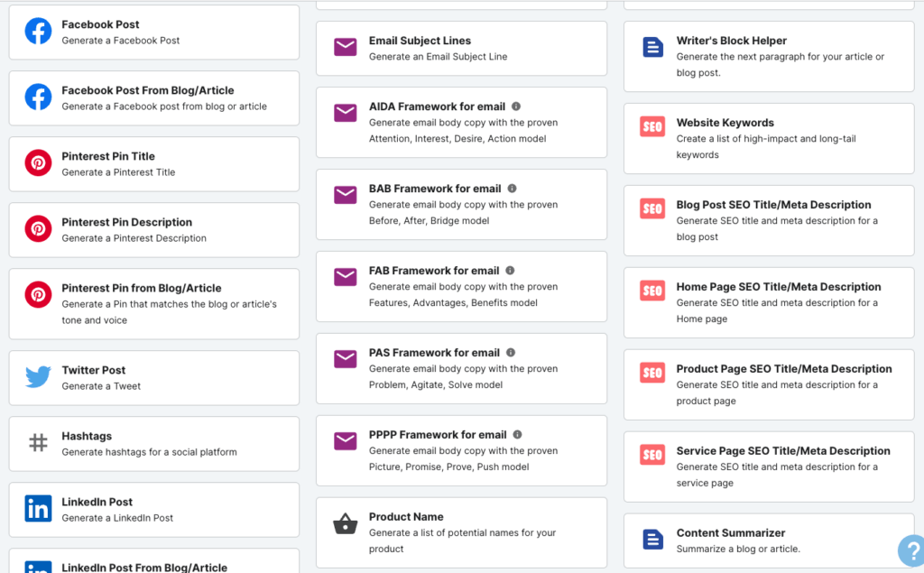 Tailwind Ghostwriter Tool options- Email copy, Pinterest titles and descriptions, Facebook and Twitter posts, and SEO tools. 