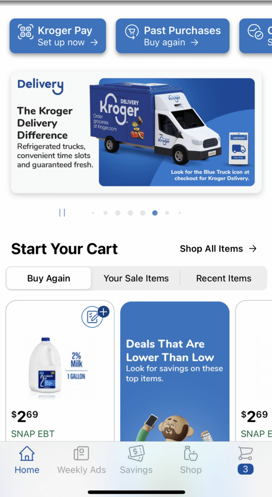 Kroger app for grocery discounts and cash back fuel points for stay at home moms.