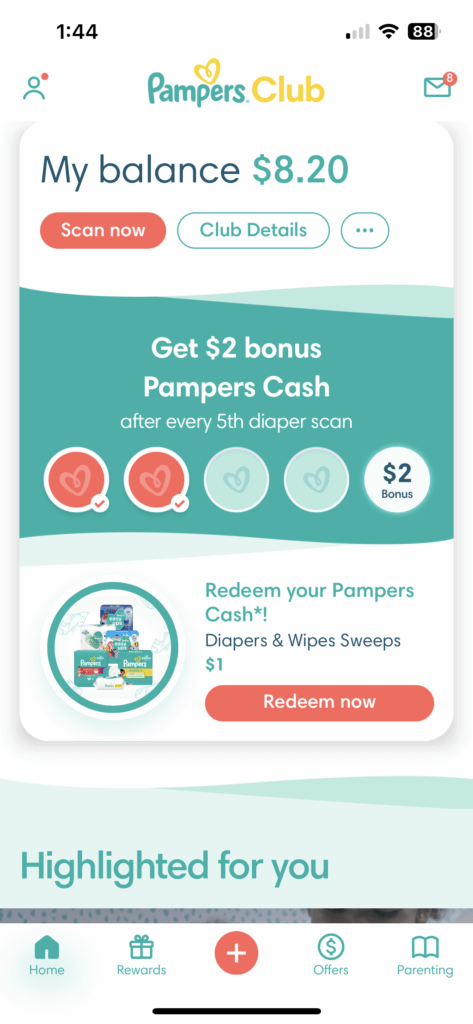 Money-saving tips using the Pampers Club cash back rewards app.