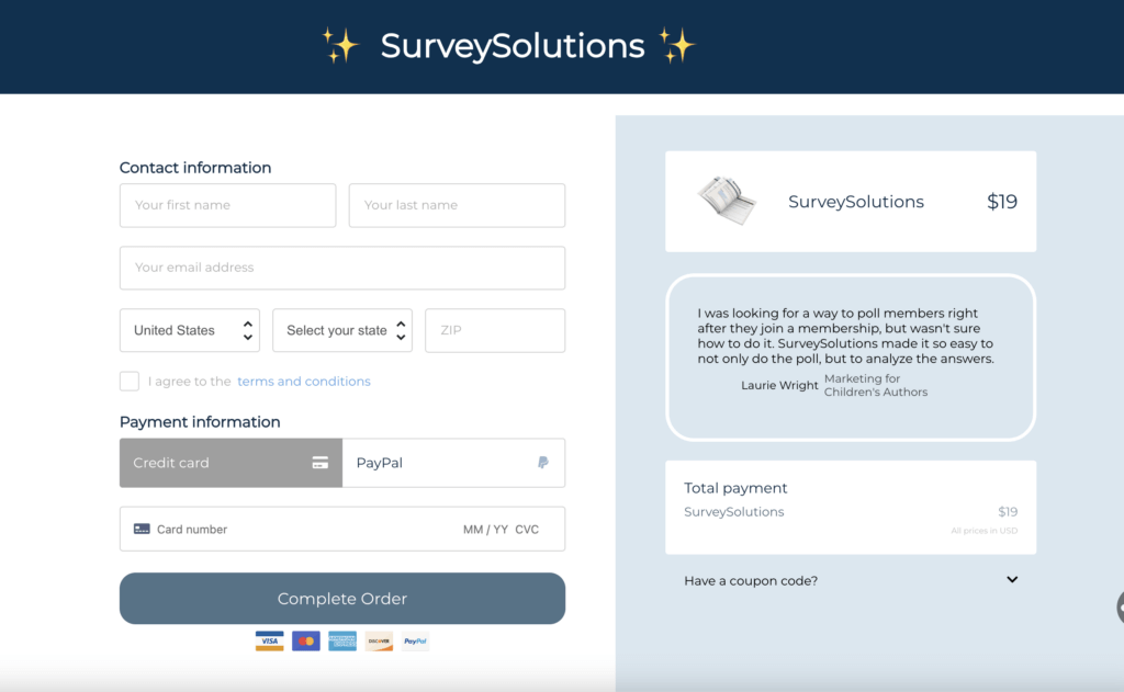 Clearly Display Pricing - SurveySolutions checkout page template example.