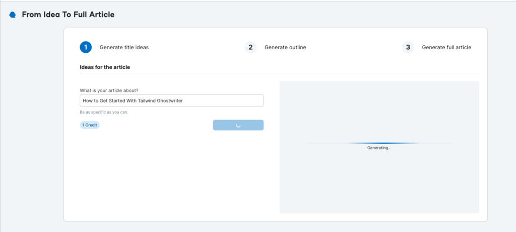Tailwind Ghostwriter generating a full blog post article using just the title. 