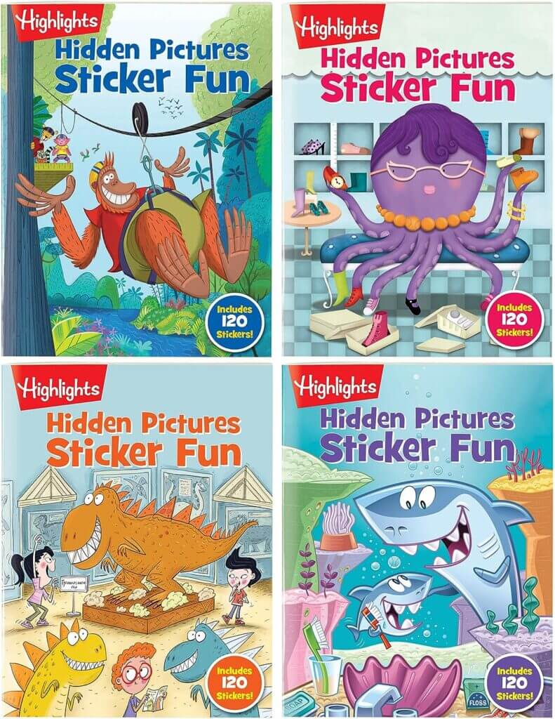 Highlights hidden picture sticker books to entertain kids while traveling. 