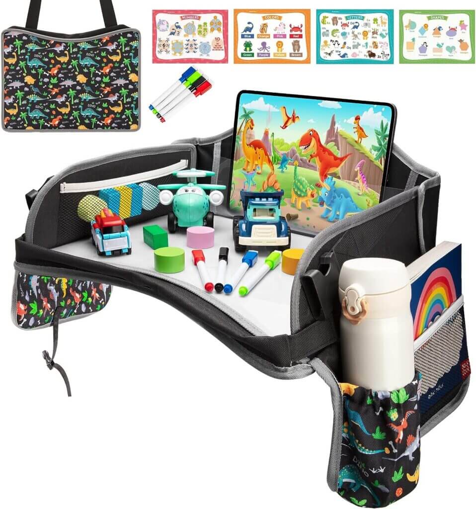 Travel Tray for Car Seats to entertain your kids on long roadtrips. Cuts down on constantly picking up dropped toys.  