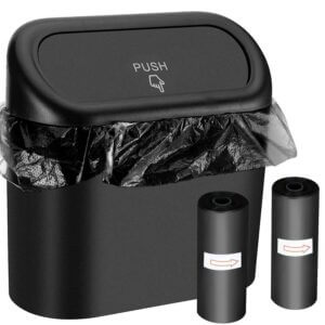 Car trash can with push-button closure for a tight seal. Includes trash bags. 