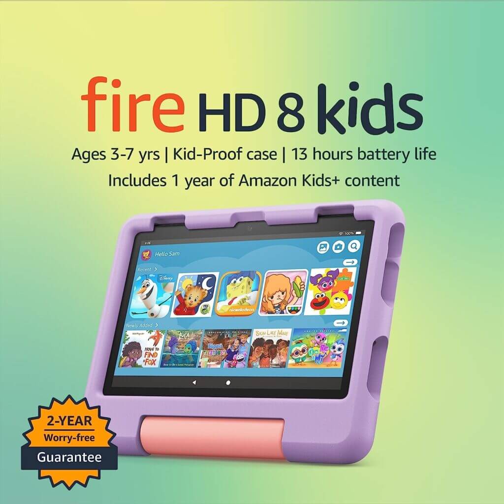 Fire HD 8 Kids Tablet with kid-proof case. 13 hours of batter life for long roadtrips.