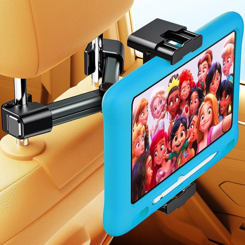 Kids Fire Tablet Holder Car Mount for watching movies while traveling with kids.