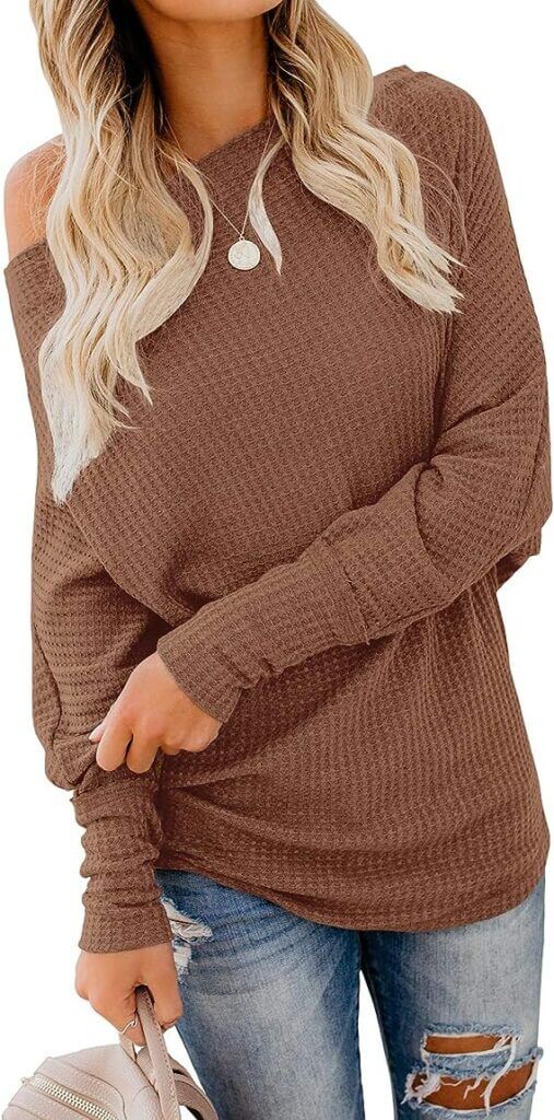 Off shoulder waffle knit top - Casual, comfortable, and great with jeans. Great for work from home moms. 