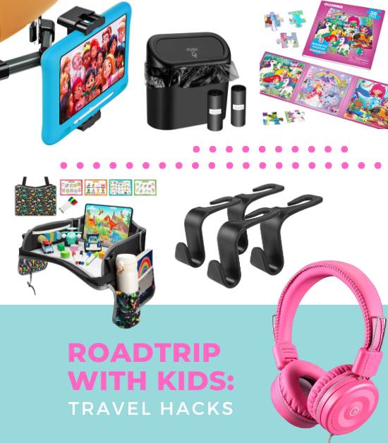 Roadtrip with Kids: Travel Essentials. Car travel tray, headrest seat hooks, Fire tablet and headrest mount, magnetic puzzle, and more.