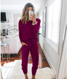 Work from home Winter outfits for moms - crewneck shirt and pants jumpsuit.