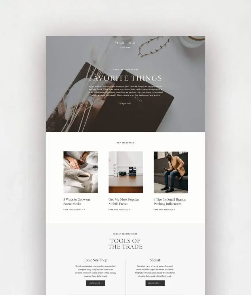 Favorites Page or Tools of the Trade Page - Showit Website Template by Tonic Site Shop