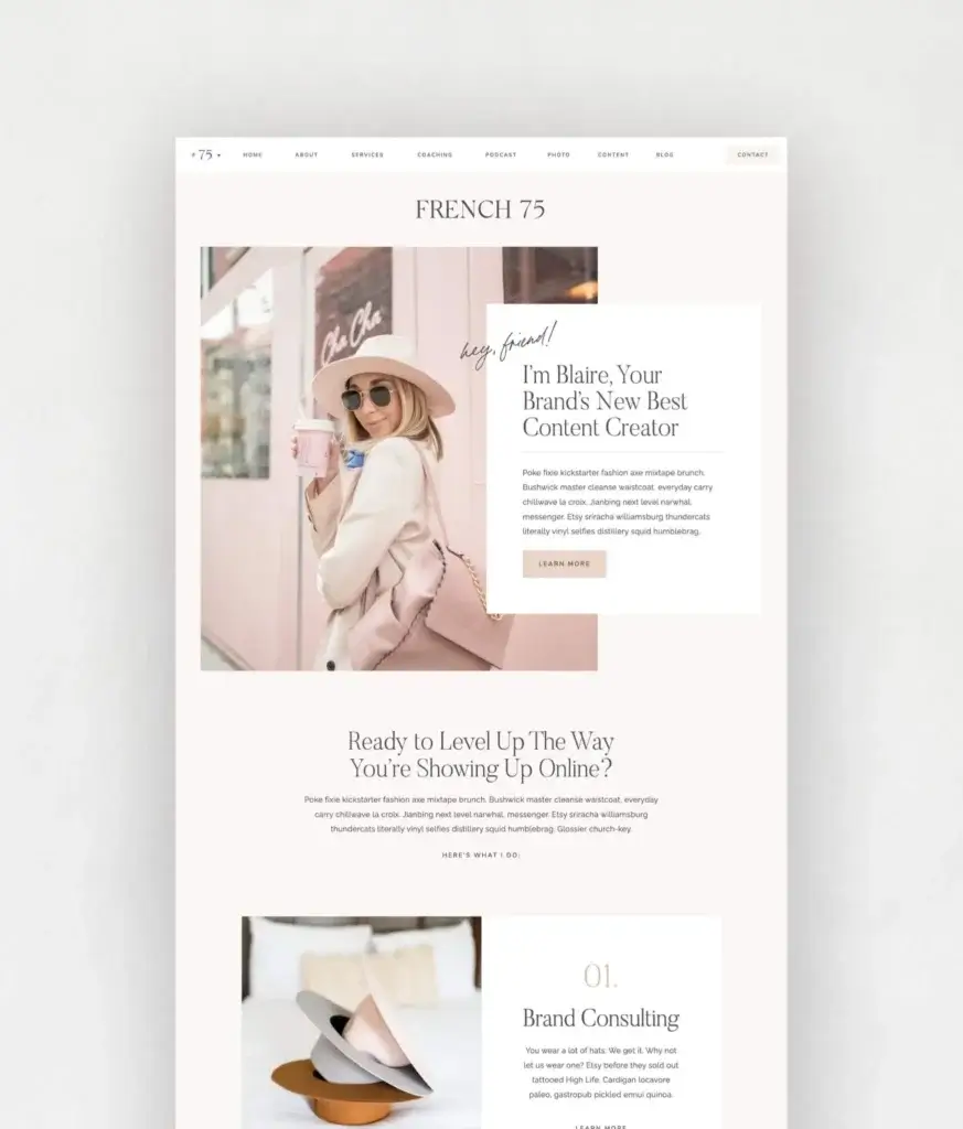 Showit Blog Template - French 75 by Tonic Site Shop. Minimalist design with clean lines, minimal color, and very elegant blog template design.