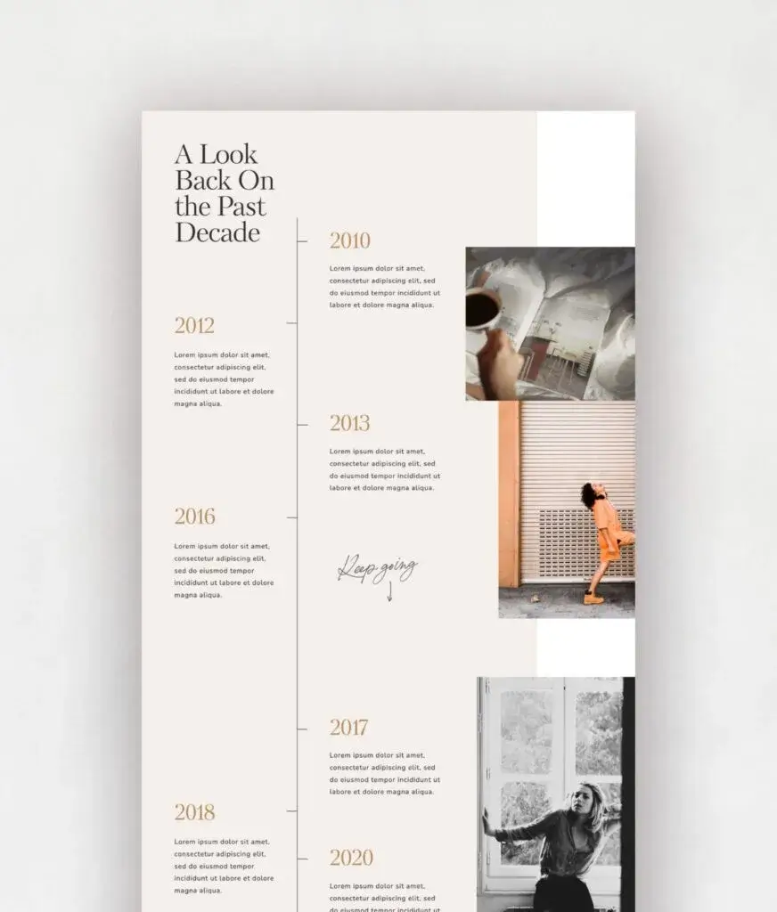 Timeline Section: Perfect for an About page with a timeline of your business. Showit Template Design by Tonic Site Shop.