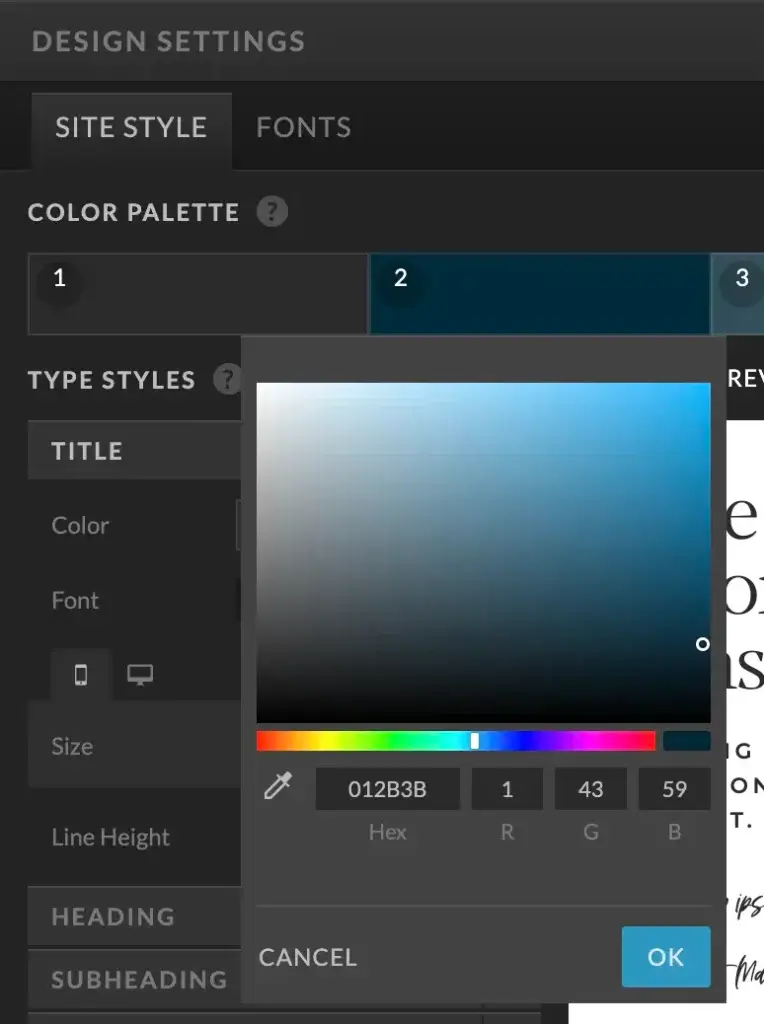 3. Under Site Style, you can change your color palette to match your brand colors. Use can use the Hex code or the color picker. I recommend knowing your Hex code for color consistency.