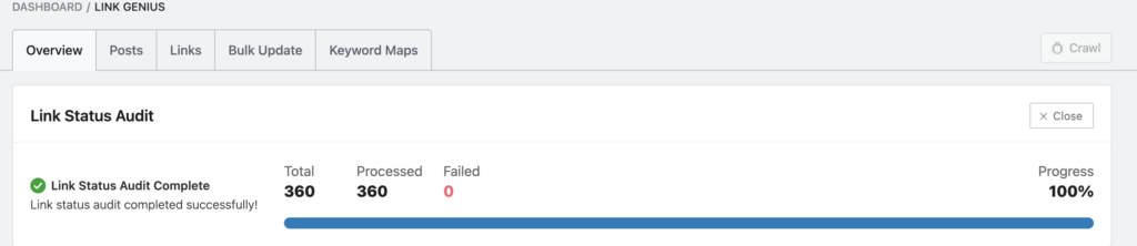Rankmath Seo Screenshot: Showing Link Genius Audit Complete After Bulk Editing Links Across All Blog Posts With Just A Few Clicks. 